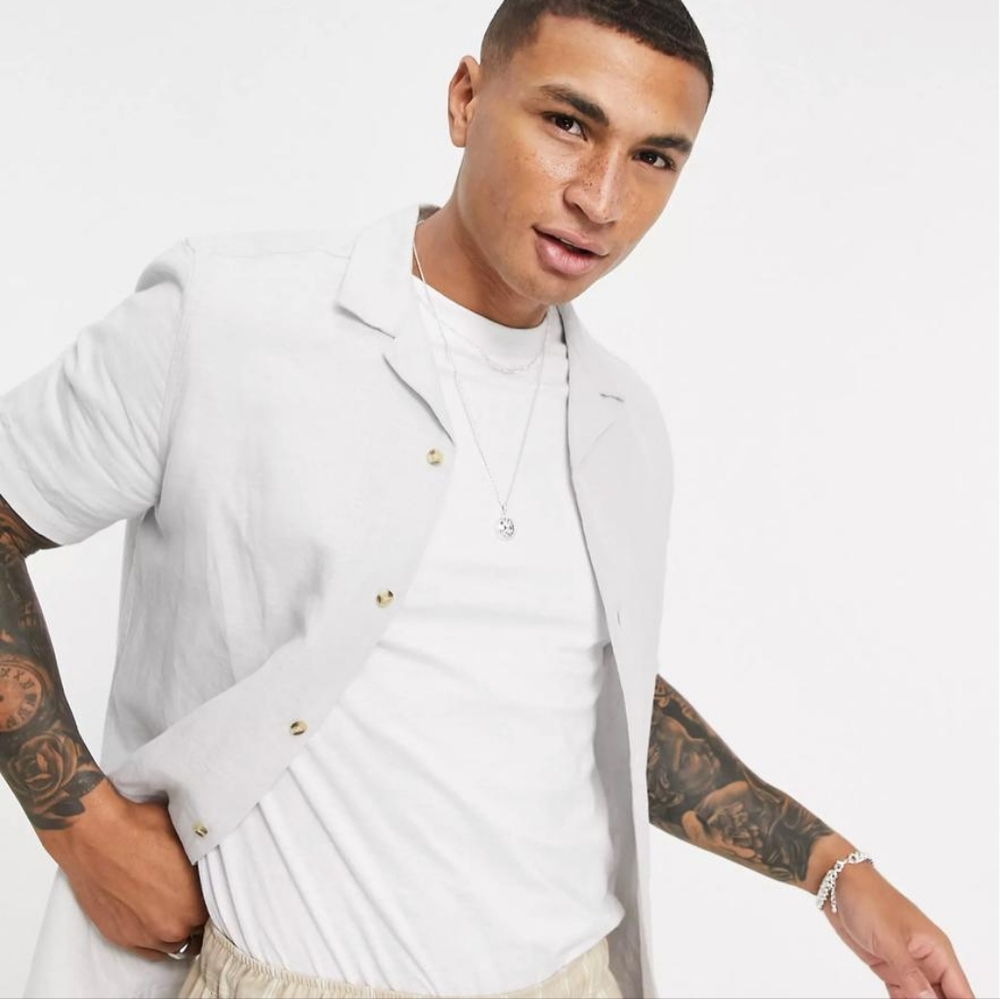 ASOS linen shirt with revere collar in blue